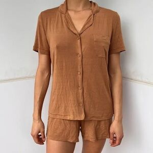 Women's SKIMS Sleep Short Sleeve Button Up Set - Camel Color, Nude - Loungewear